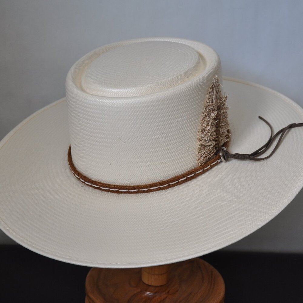 Stetson White Straw Gambler Hat with Brown Band